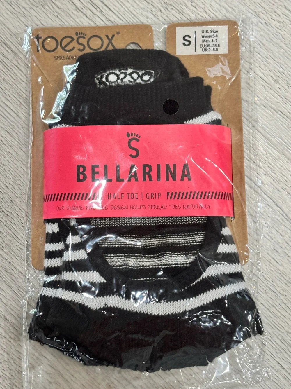 TOESOX Women's Black White Stripe BELLARINA Half Toe Grip No Show Socks Size S.